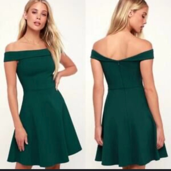 NWT Lulu's Forest Green Dark Green Off-Shoulder Fit and Flare Skater Dress Sz L - Picture 1 of 6